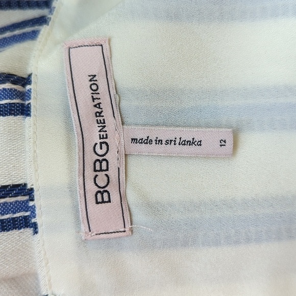 BCBGeneration Striped V Neck Peplum Bell Bottom Jumpsuit White Blue 12 preppy - Picture 6 of 9